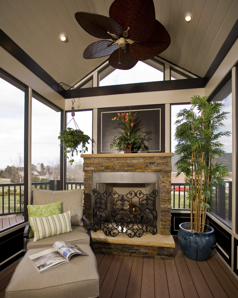 Fireplace on screened porch